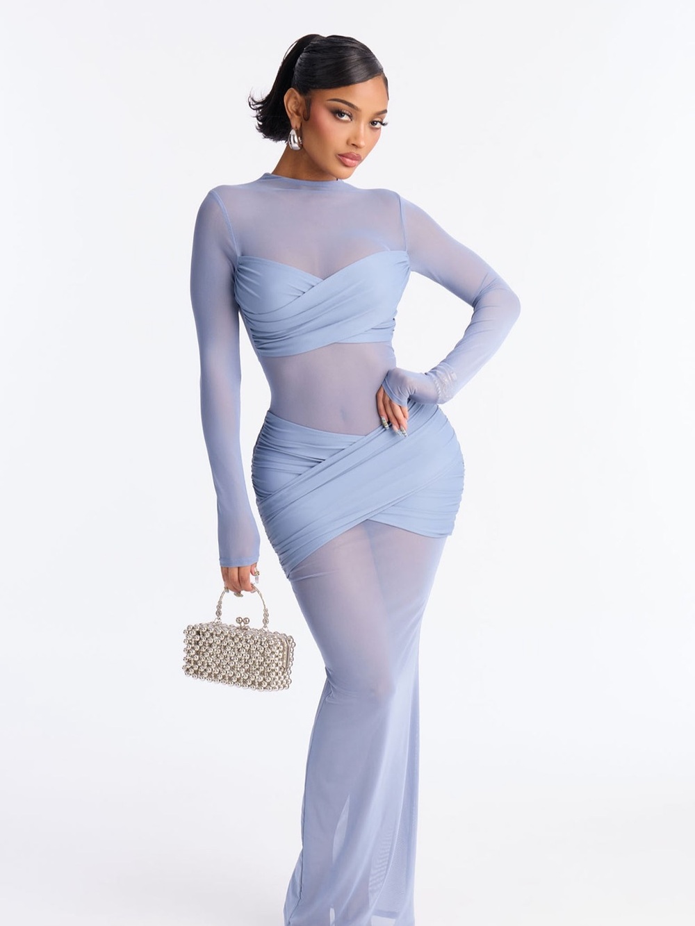 Fashion Nova Sheer Mesh Long-Sleeve Maxi Dress in Dusty Blue